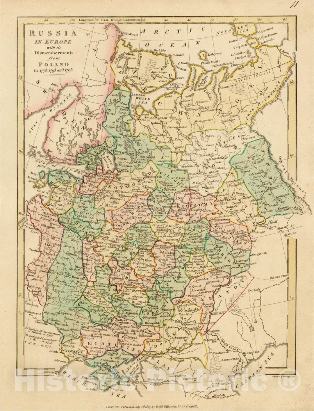 Historic Map : Russia In Europe with its Dismemberments from Poland in 1773, 1793 and 1795, 1809, Robert Wilkinson, Vintage Wall Art