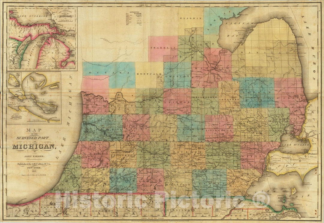 Historic Map : Map of the Surveyed Part of Michigan. By John Farmer 1837, 1837, John Farmer, Vintage Wall Art