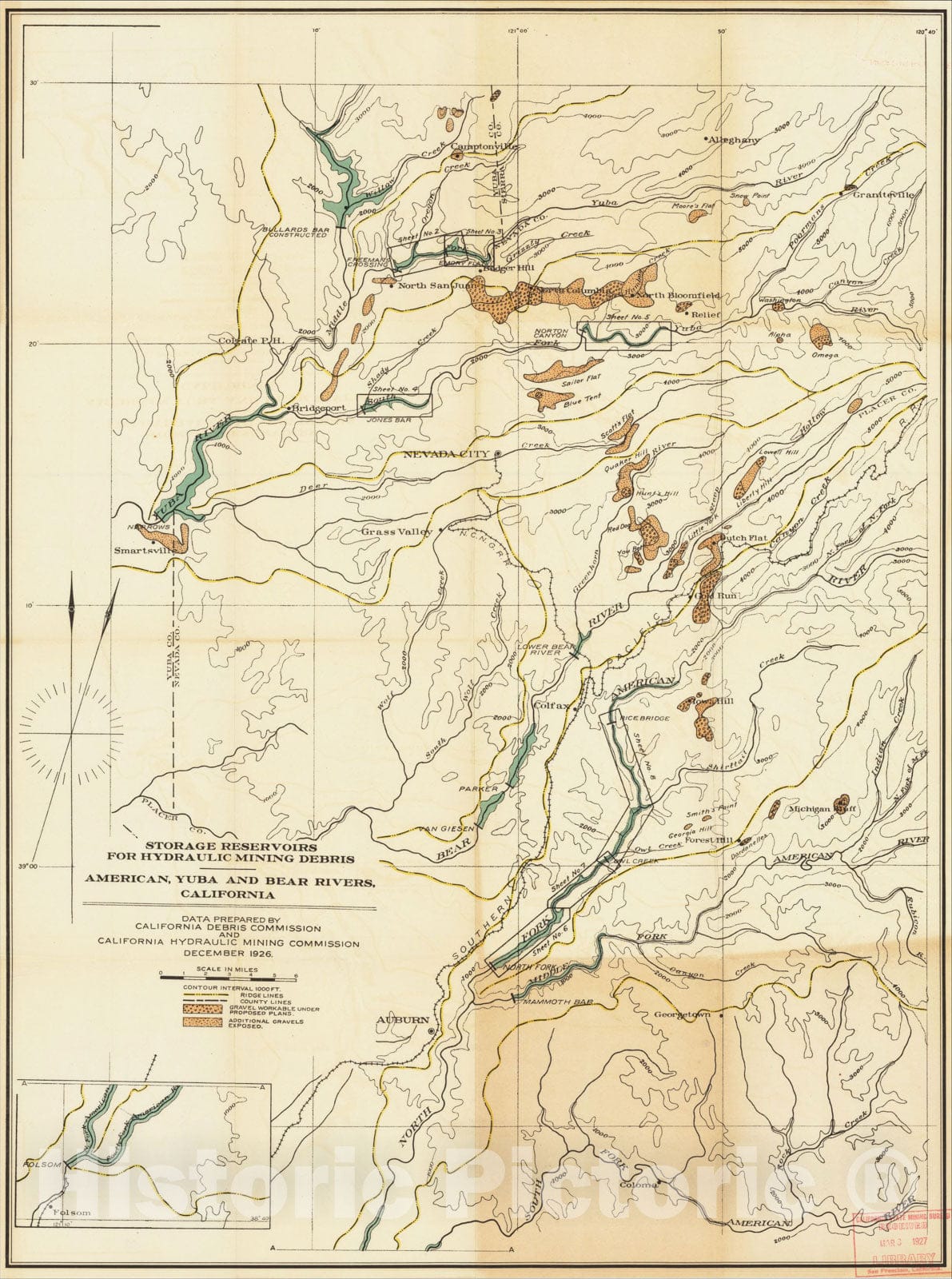 Historic Map : Storage Reservoirs For Hydraulic Mining Debris -- American, Yuba and Bear Rivers, California, 1927, California State Printing Office, Vintage Wall Art