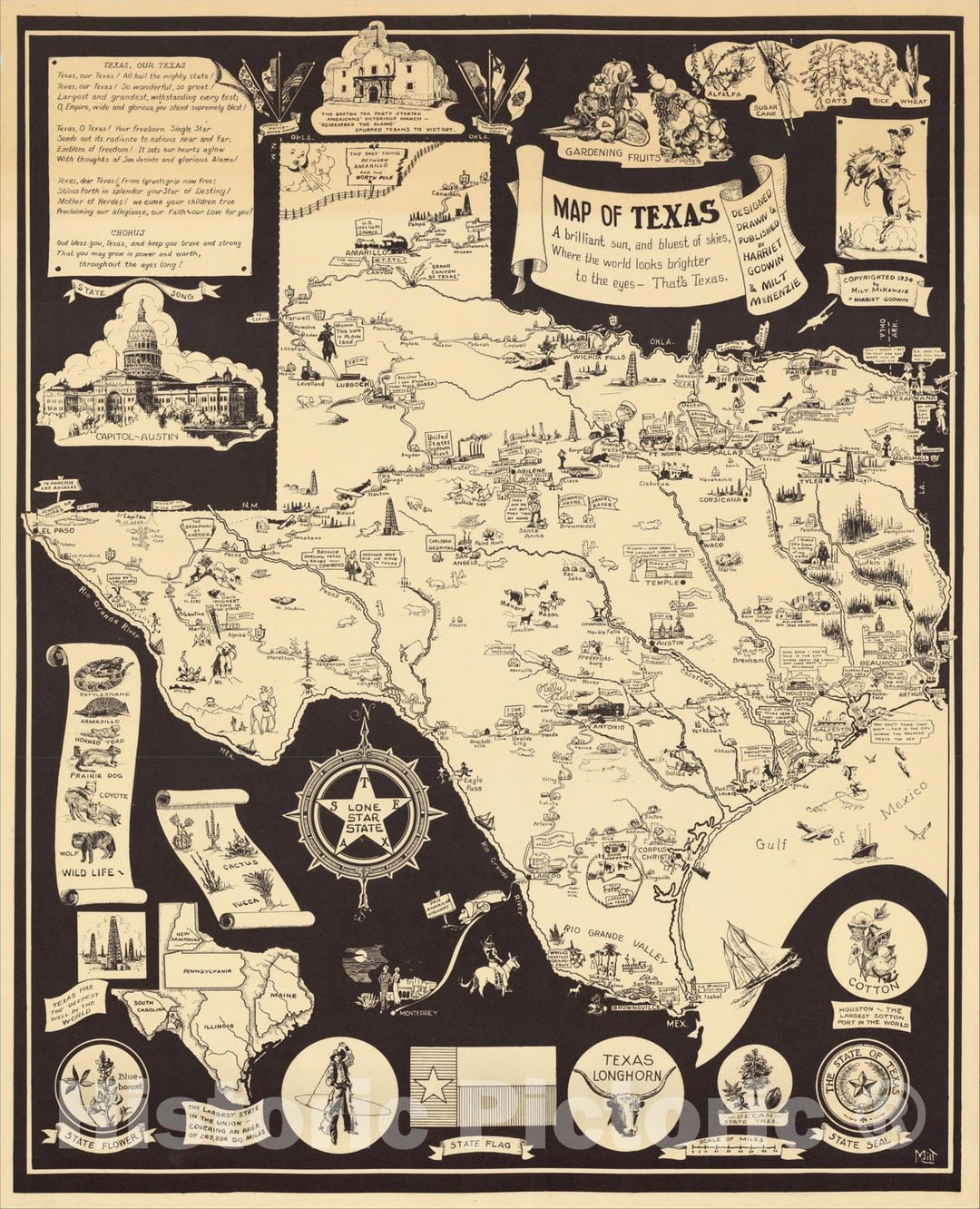 Historic Map : Map of Texas A brilliant sun, and bluest skies, Where the world looks brighter to the eyes -- That's Texas., 1934, Harriet Godwin, Vintage Wall Art