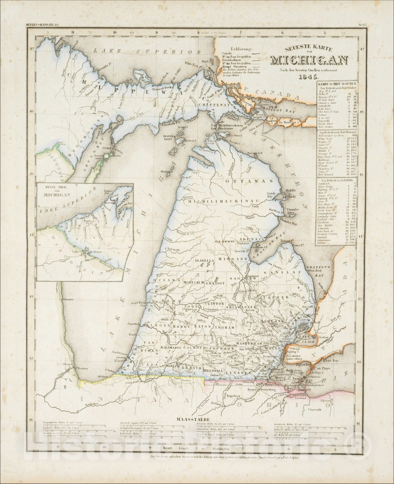 Historic Map : Neueste Karte von Michigan Nach den bessten Quellen verbessert 1845., 1845, Joseph Meyer, Vintage Wall Art