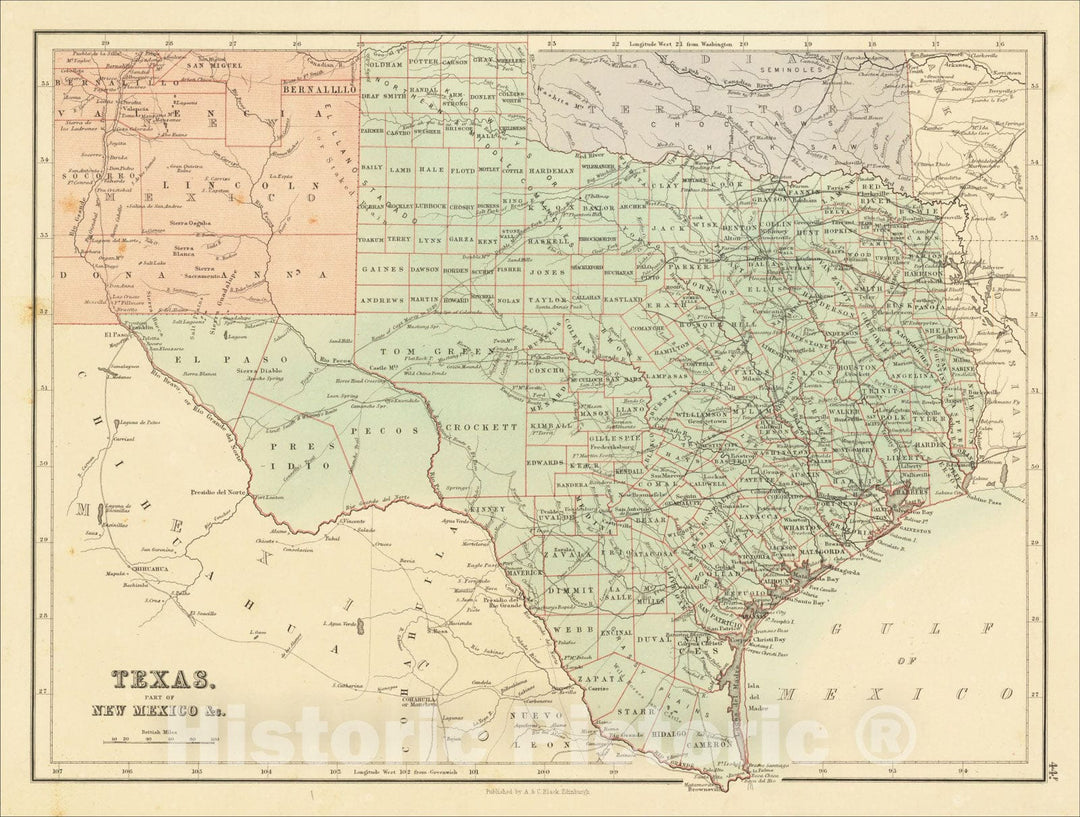 Historic Map : Texas & Part of New Mexico &c., 1876, Adam & Charles Black, v1, Vintage Wall Art