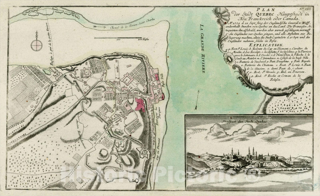 Historic Map : Plan der Stadt Quebec Hauptstadt in Neu Frankreich oder Canada Ao 1759 d. 13 Sept Stieg der Englandische General v. Wolff, c1764, Vintage Wall Art