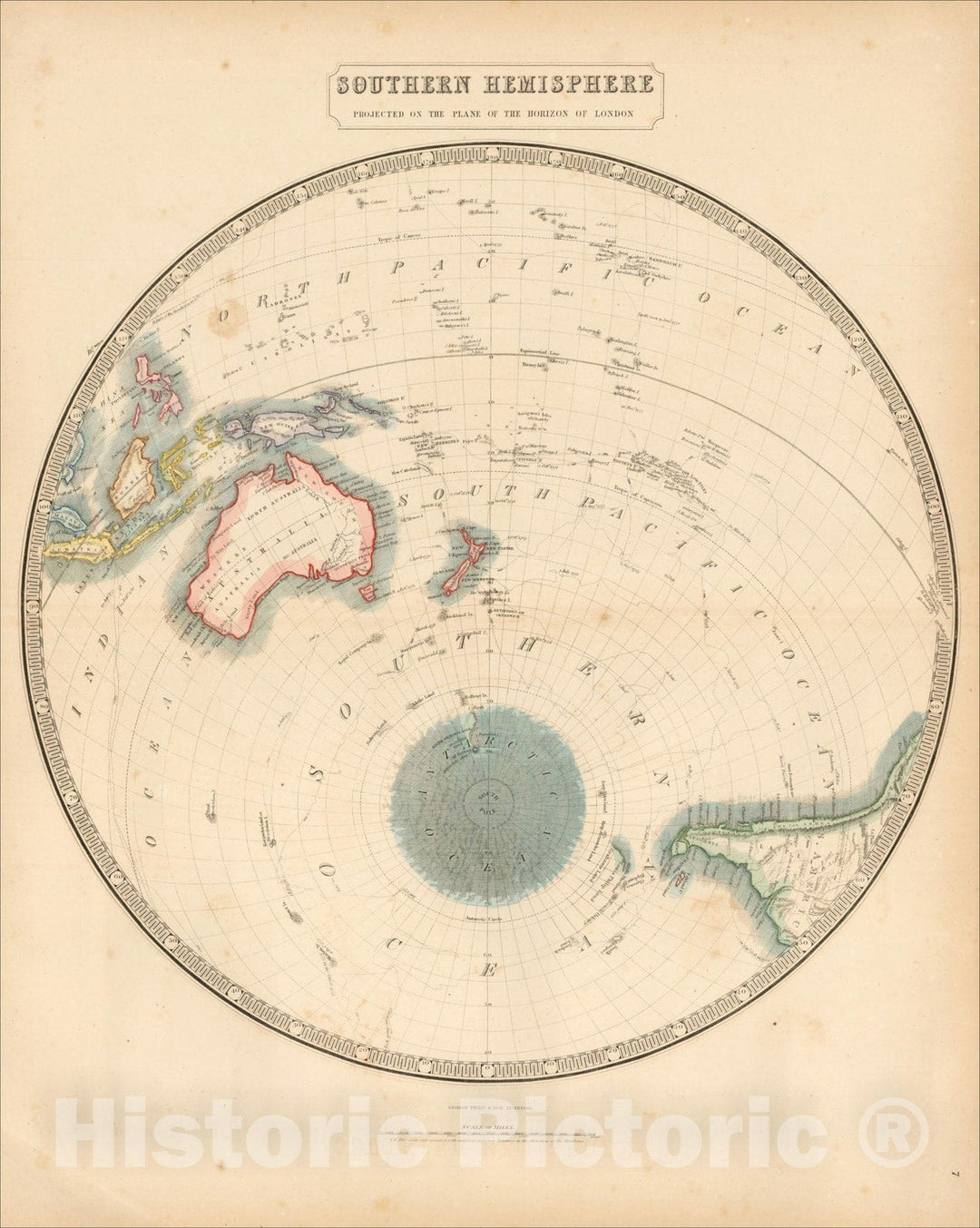 Historic Map : Southern Hemisphere Projected On The Plan of The Horizon of London, c1855, George Philip & Son, Vintage Wall Art