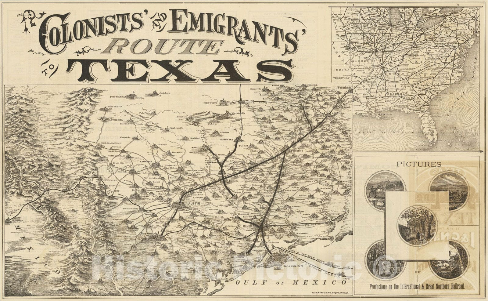 Historic Map : Colonists and Emigrants Route To Texas, c1878, Woodward, Tiernan & Hale, Vintage Wall Art