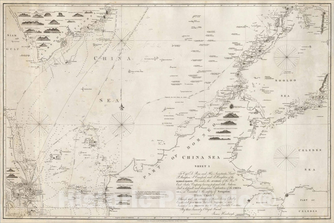 Historic Map : China Sea Sheet 1 (Singapore, Siam, Cambodia, Mindanao, Borneo), 1821, James Horsburgh, Vintage Wall Art