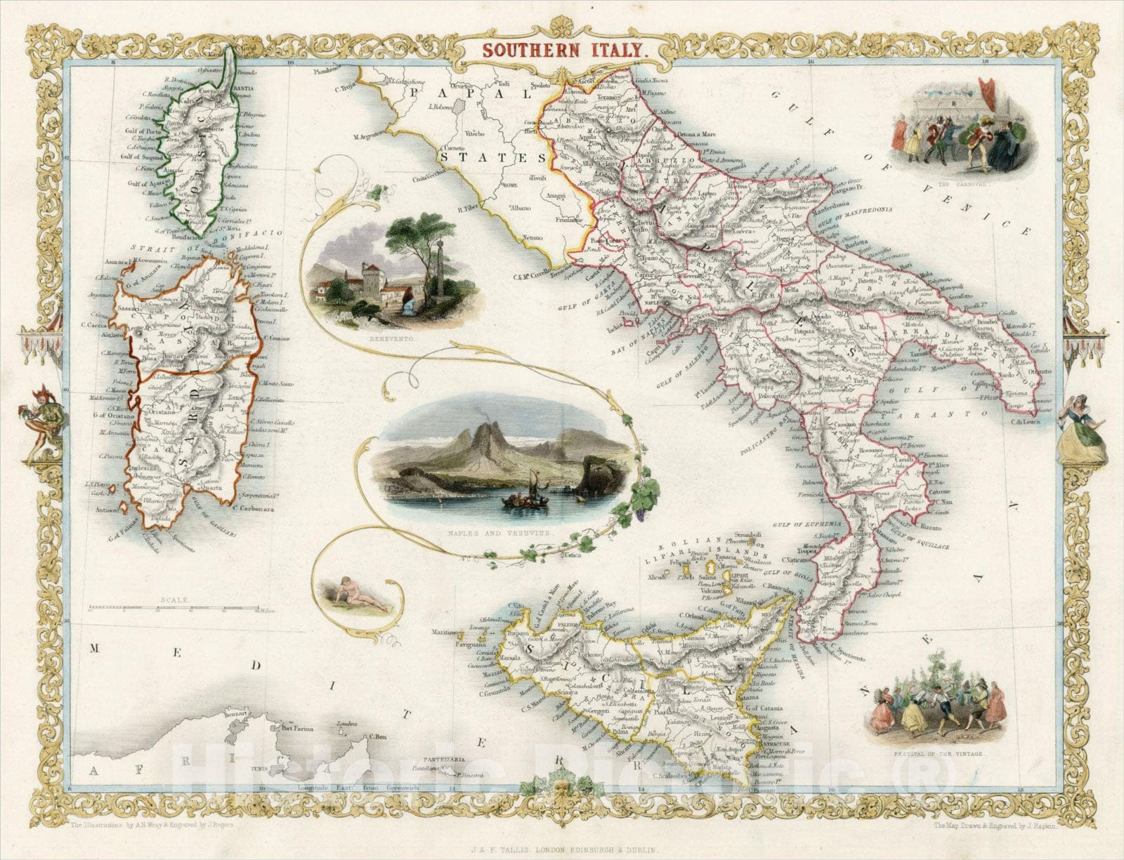 Historic Map : Southern Italy [Sicily, Sardinia, Corsica], 1851, John Tallis, v3, Vintage Wall Art