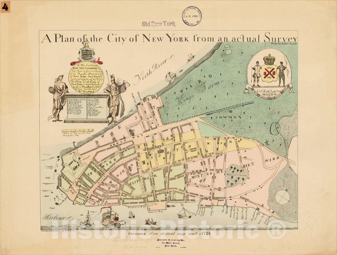 Historic Map : A Plan of The City of New York from an actual Survey, c1728, , Vintage Wall Art