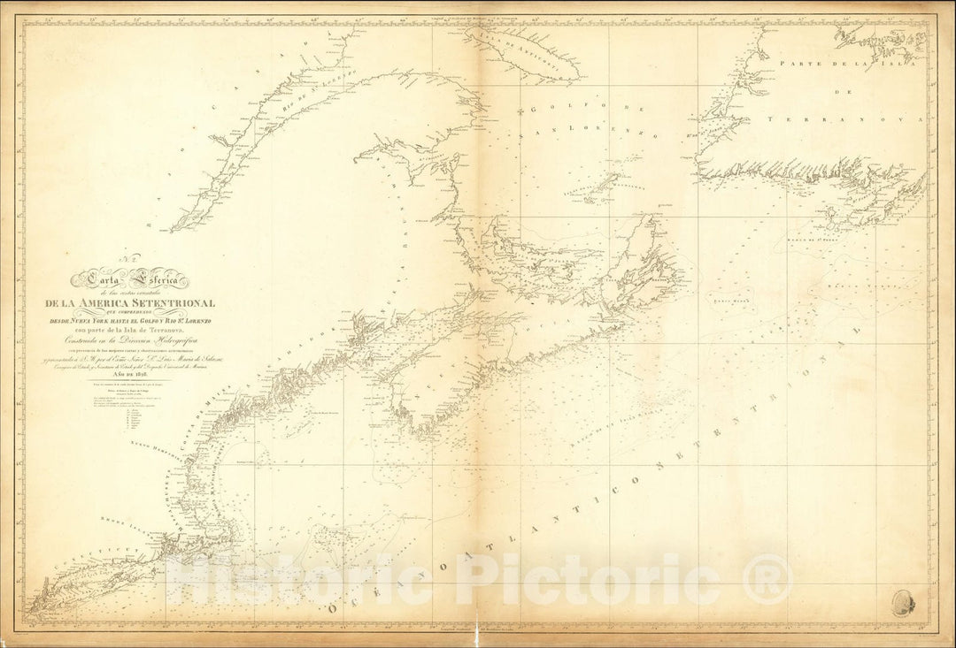 Historic Map : Carta Esferica de las Costas Orientales de la America Setentrional, 1839, Direccion Hidrografica de Madrid, Vintage Wall Art