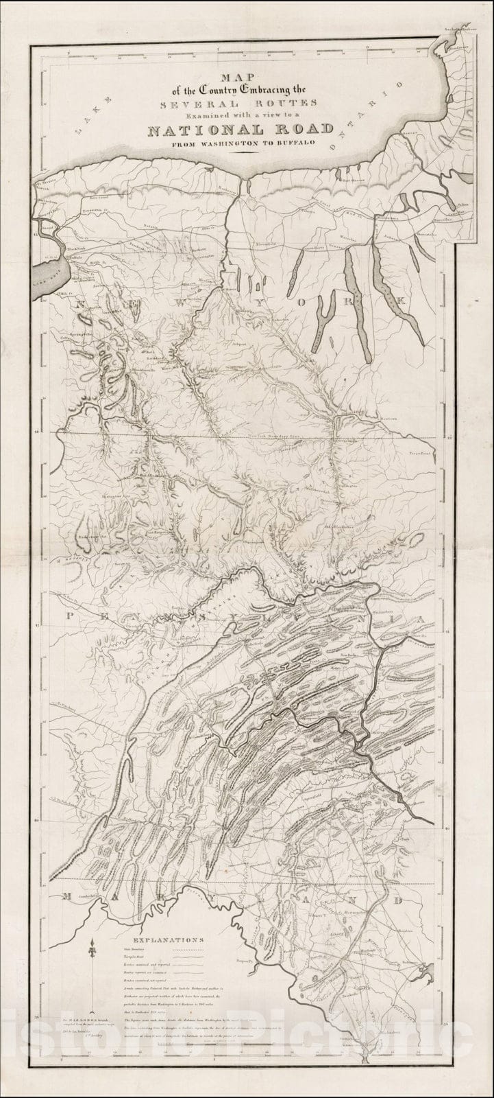 Historic Map : Map of the Country Embracing the Several Routes Examined with a view to a National Road From Washington To Buffalo., 1827, Gales & Seaton, Vintage Wall Art