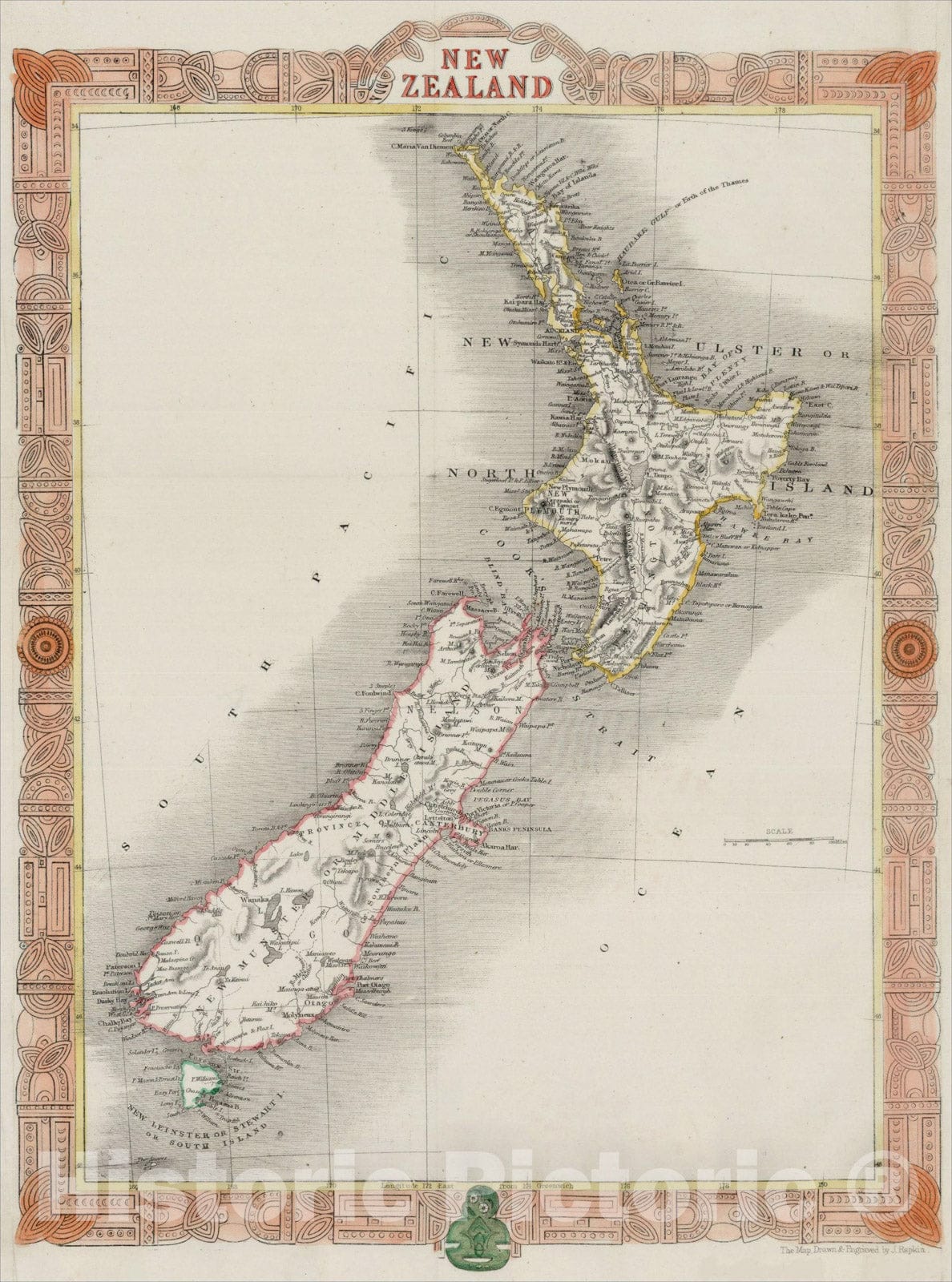 Historic Map : New Zealand, c1850, John Rapkin, v2, Vintage Wall Art