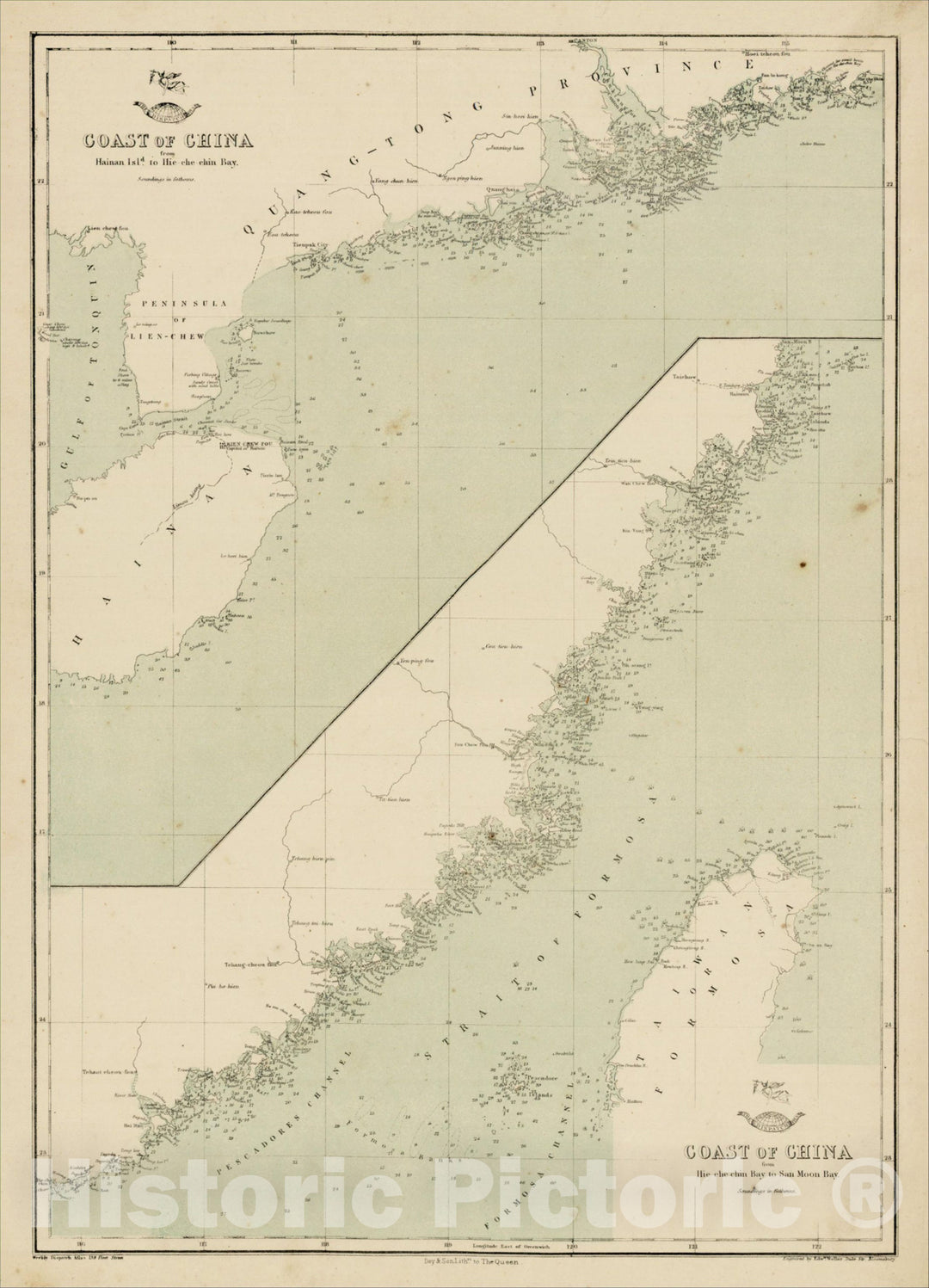 Historic Map : Coast of China from Hainan Isld. to Hie-che cin Bay (and) Hie che-chin Bay to San Moon Bay, c1860, Edward Weller, Vintage Wall Art