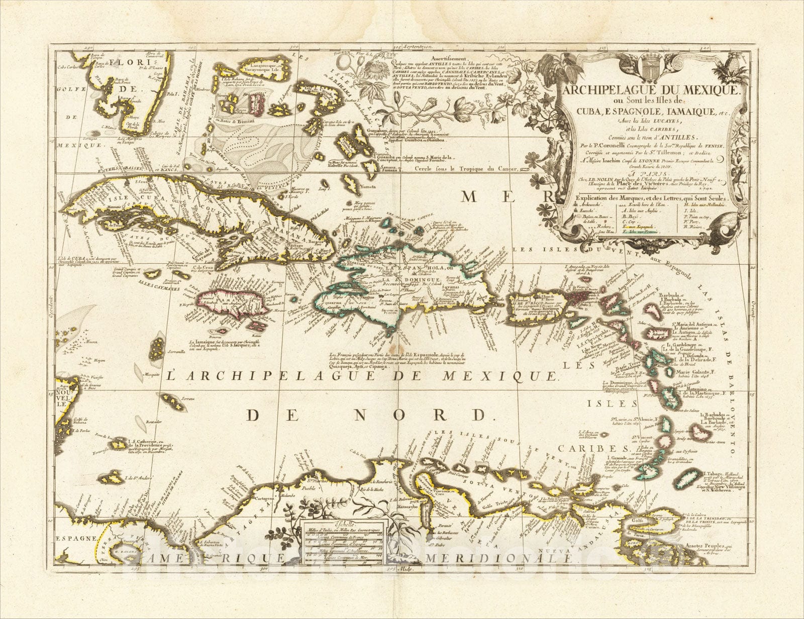 Historic Map : Archipelague Du Mexique. ou Sont les Isles de Cuba, Espagnole, Iamaique, etc., 1688, Vincenzo Maria Coronelli, v2, Vintage Wall Art