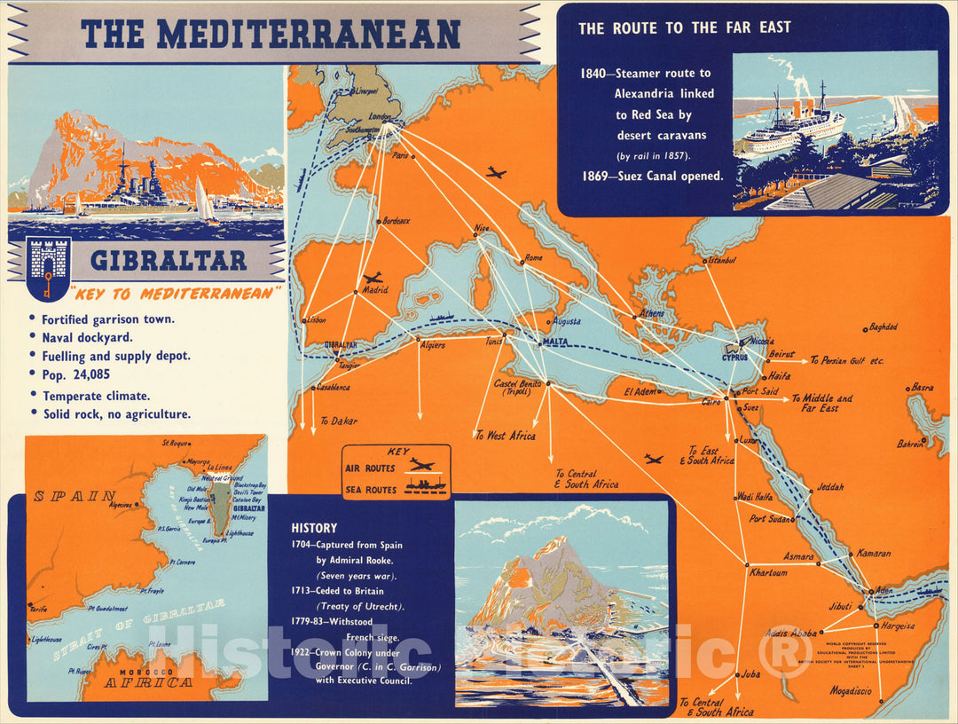 Historic Map : The Mediterranean, Gibraltar Key To the Mediterranean, c1952, British Society For International Understanding, Vintage Wall Art