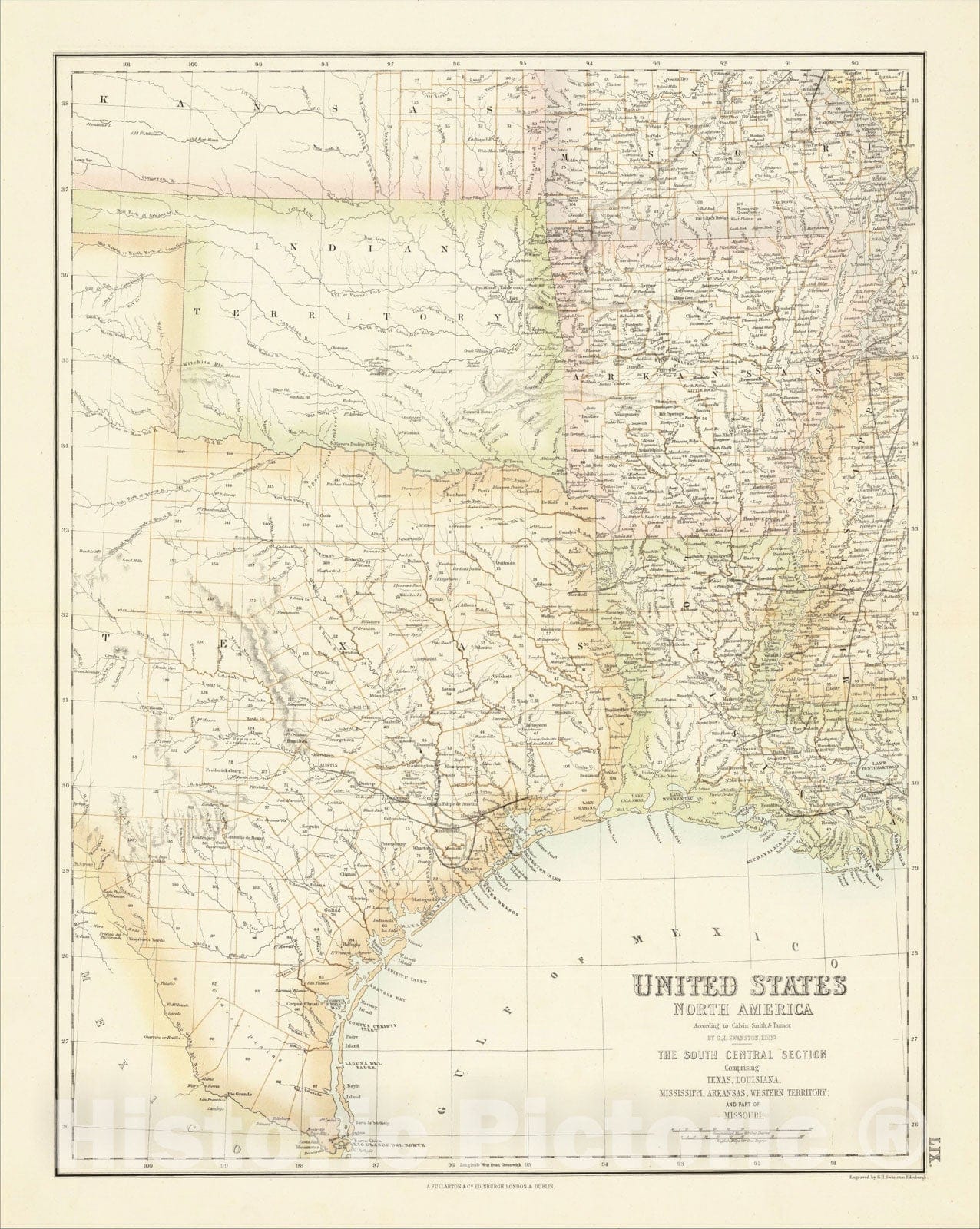 Historic Map : United States North America According to Calvin Smith& Tanner, South Central Section, 1860, Archibald Fullarton & Co., Vintage Wall Art