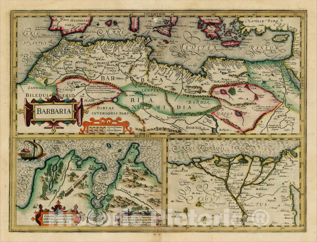 Historic Map : Barbaria with Cartaginis sive potius Tunetani celeberrimi Sinus nec non fortalitij, with [Untitled map of Egypt], 1607, Henricus Hondius, Vintage Wall Art