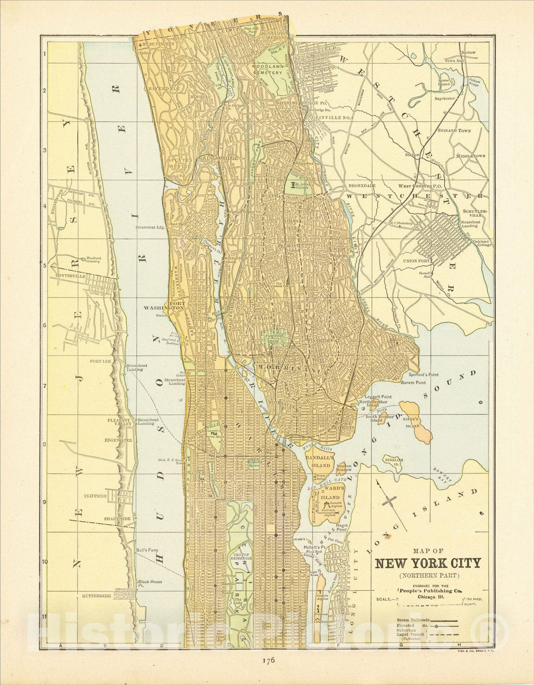 Historic Map : Map of New York City and Vicinity (Northern Part), c1890, People's Publishing Co., Vintage Wall Art