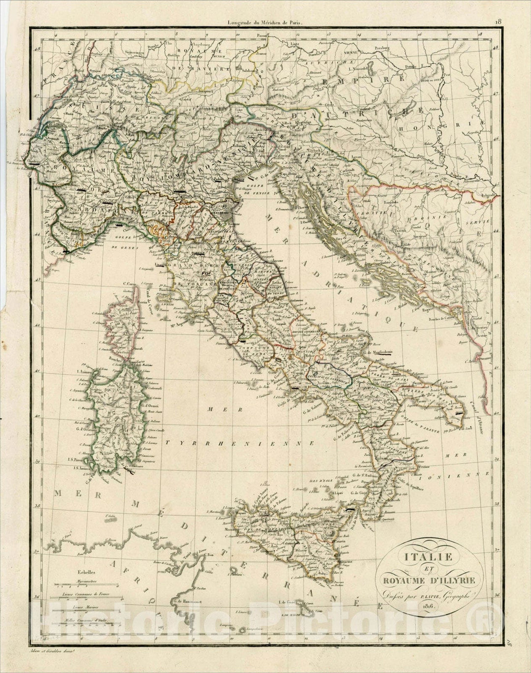 Historic Map : Italie et Royaume D'Illyrie, 1816 [Shows Sicily, Malta, Corsica and Sardinia], 1816, Alexandre Emile Lapie, Vintage Wall Art