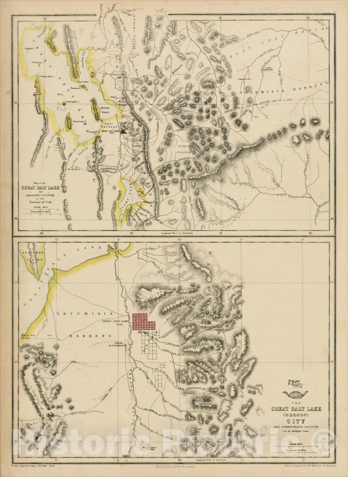 Historic Map : Map of the Great Salt Lake and Adjacent Country in the Territory of Utah with The Great Salt Lake (Mormon) City And Surrounding Country, 1858, Vintage Wall Art