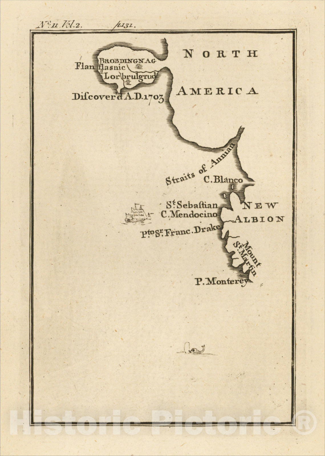 Historic Map : [Northwest Coast, Straits of Anian, Island of California and Brobidngnag, etc. from Gulliver's Travels], 1726, Jonathan Swift, Vintage Wall Art