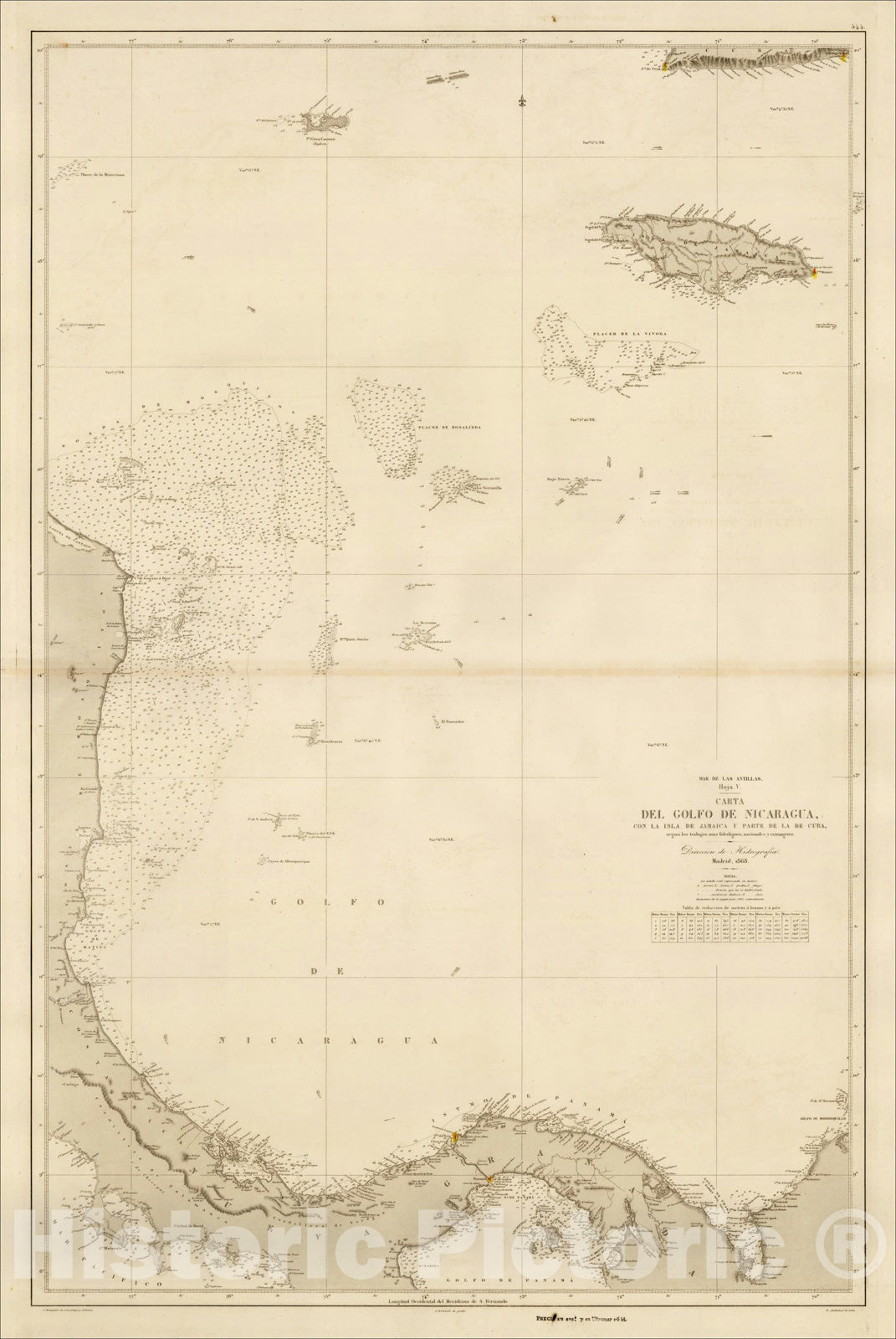 Historic Map : Cayman Islands, Costa Rica, Nicaragua, Panama, Jamaica, 1868, Direccion Hidrografica de Madrid, Vintage Wall Art