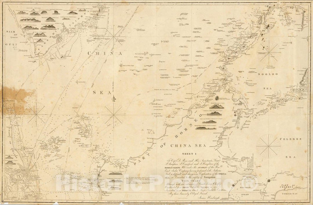 Historic Map : China Sea Sheet 1 (Singapore, Siam, Cambodia, Mindanao, Borneo), 1843, James Horsburgh, Vintage Wall Art