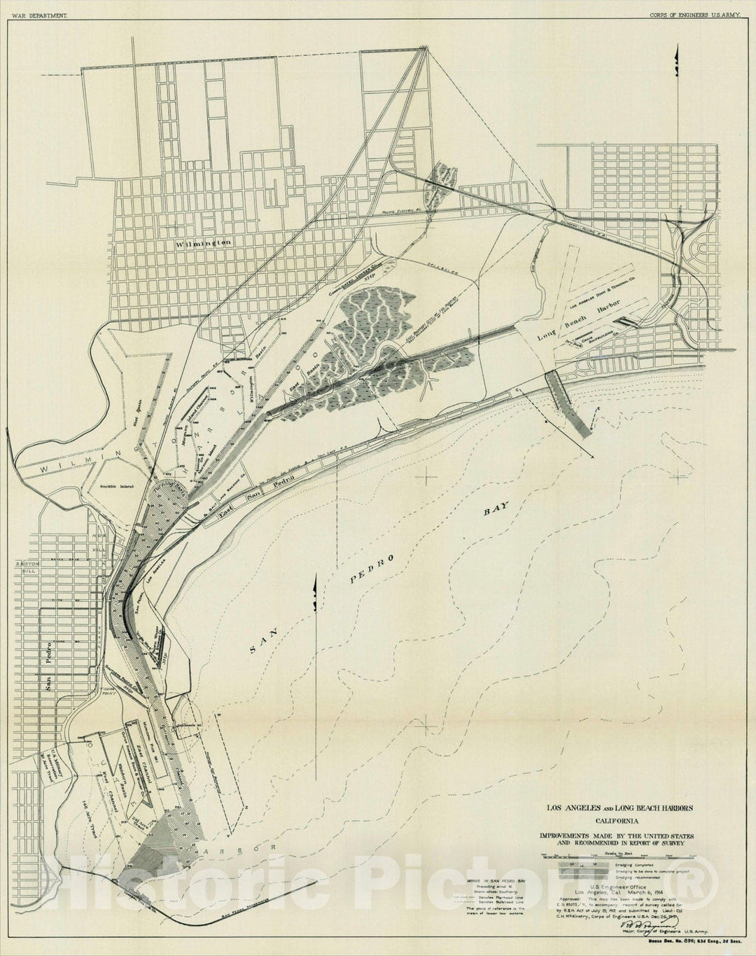 Historic Map : Los Angeles and Long Beach Harbors California Improvements Made By the Unites States and Recommended in Report of Survey, 1914, Vintage Wall Art