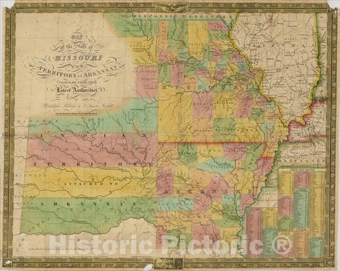 Historic Map : Map of the State of Missouri and Territory of Arkansas complied from the Latest Authorities, 1836, , Vintage Wall Art