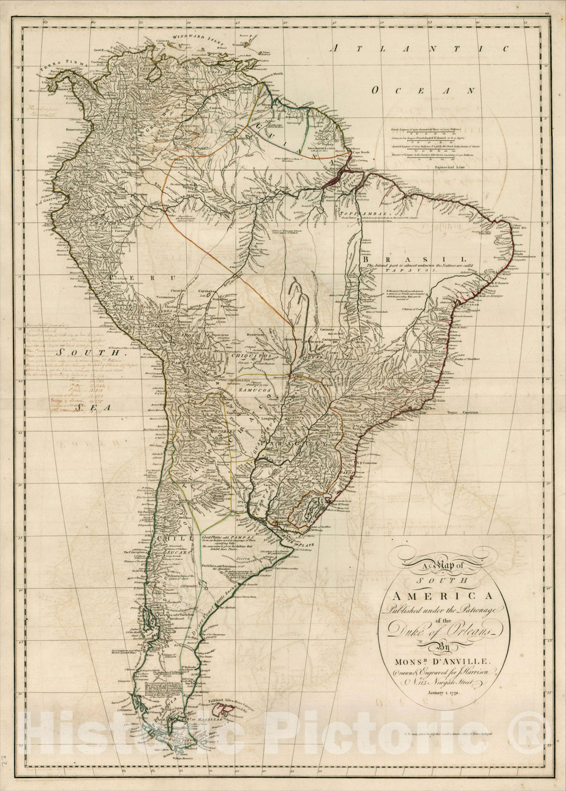 Historic Map : A Map of South America Published under the Patronage of the Duke of Orleans by D'Anville. Drawn and Engraved for J. Harrison, 1791, 1791, , Vintage Wall Art