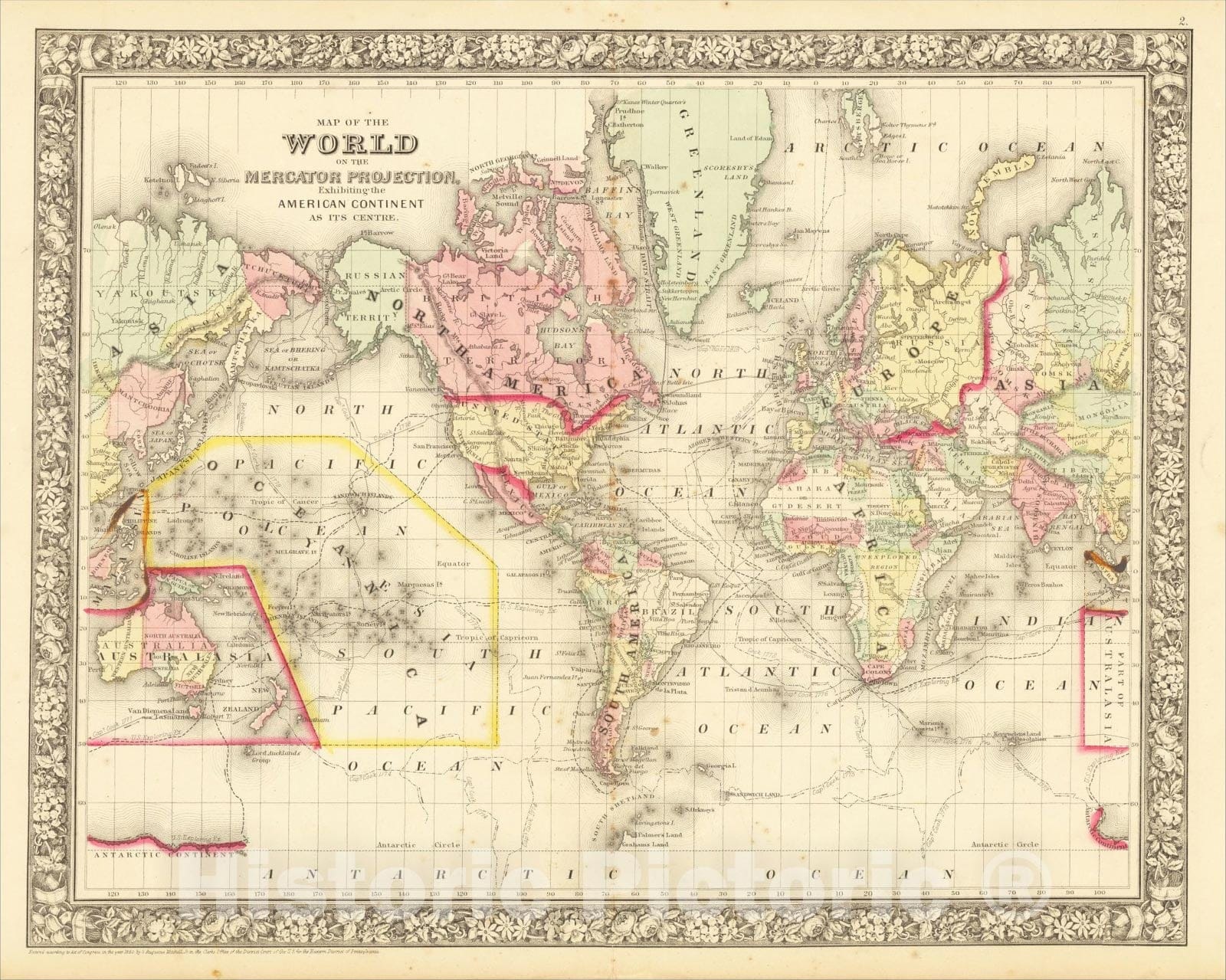 Historic Map : Map of the World on The Mercator Projection, Exhibiting the American Continent As Its Centre, 1865, Samuel Augustus Mitchell Jr., Vintage Wall Art