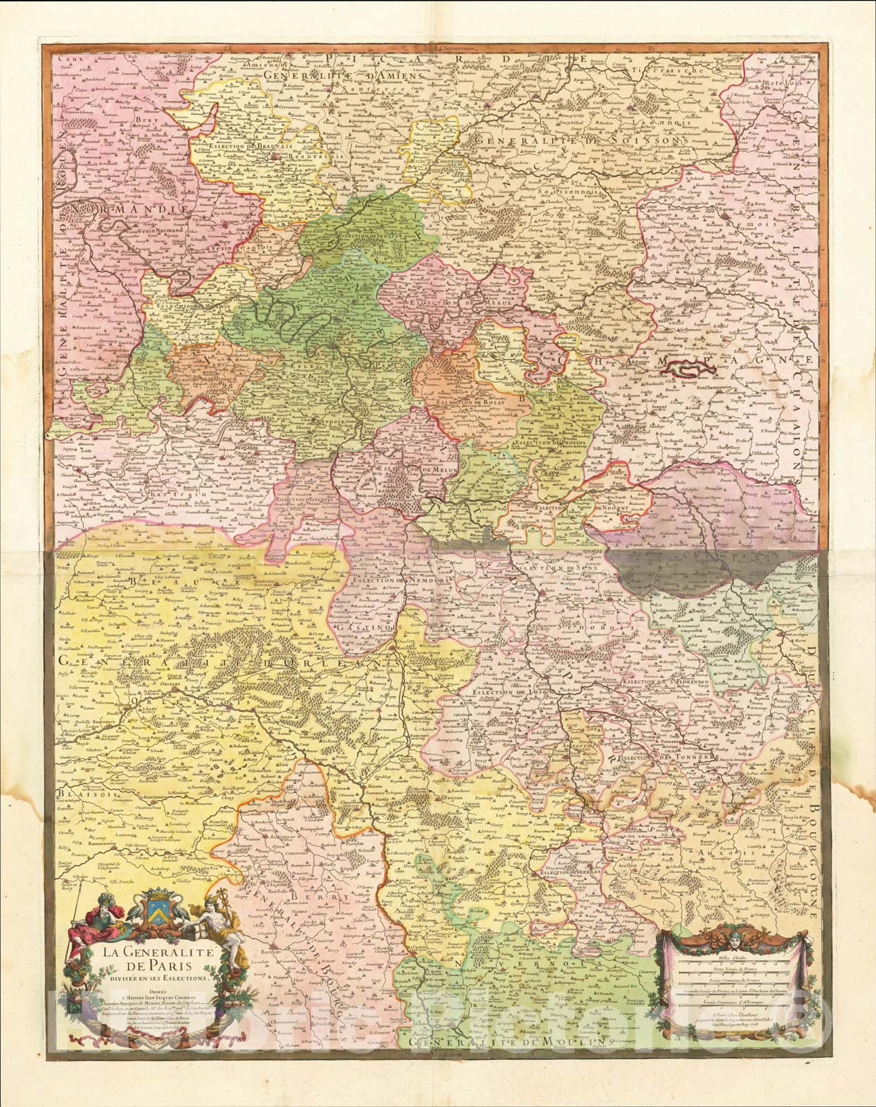 Historic Map : La Generalite De Paris Divisee En Se Eslections, 1708, 1708, Alexis-Hubert Jaillot, Vintage Wall Art