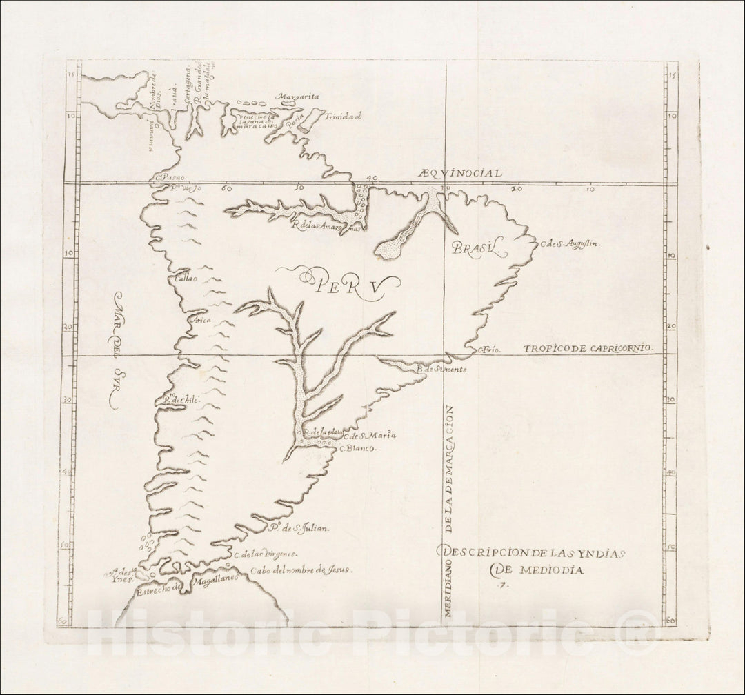 Historic Map : (South America) Descripcion De Las Yndias De Mediodia, 1666, Antonio de Herrera y Tordesillas, Vintage Wall Art