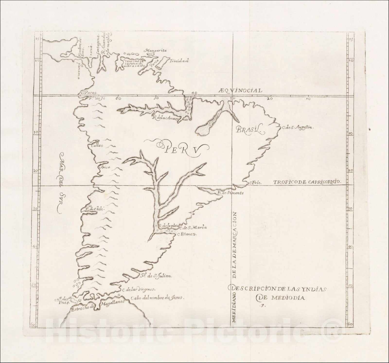 Historic Map : (South America) Descripcion De Las Yndias De Mediodia, 1666, Antonio de Herrera y Tordesillas, Vintage Wall Art