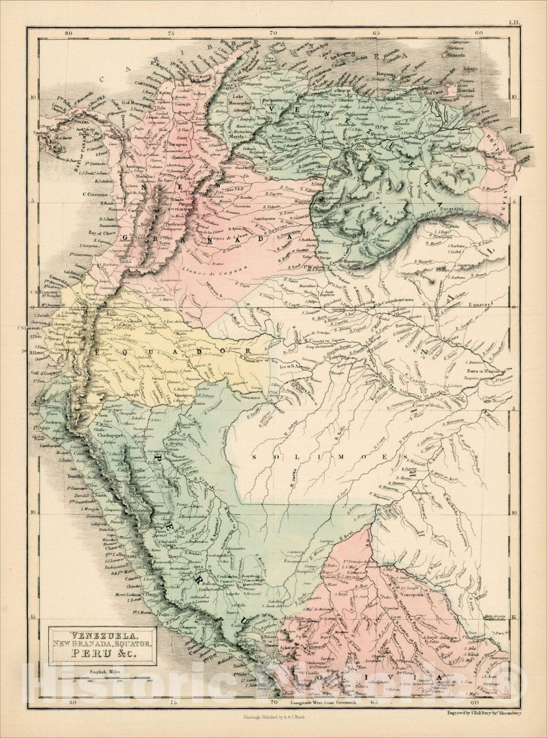 Historic Map : Venezuela, New Grenada, Equator, Peru &c., 1854, Adam & Charles Black, Vintage Wall Art