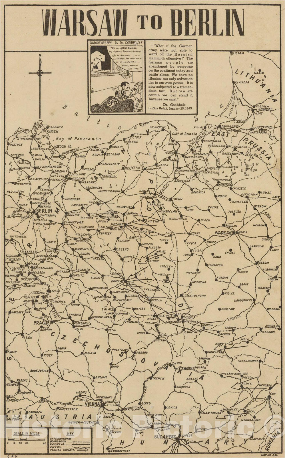 Historic Map : Warsaw to Berlin: Radiotherapy By Dr. Goebbels, 1945, Anonymous, Vintage Wall Art