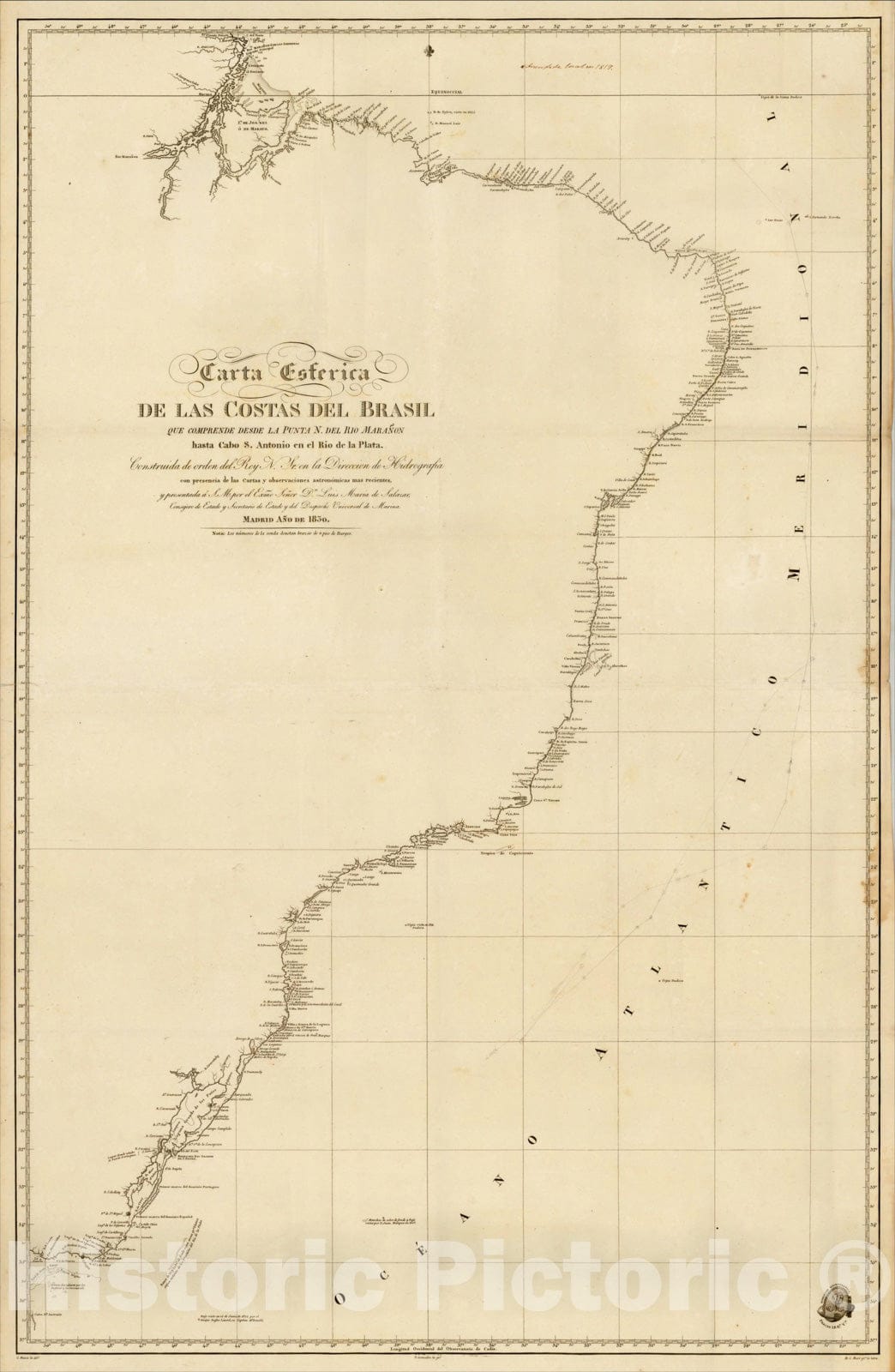 Historic Map : Carta Esferica de las Costas Del Brasil que comprende desde La Punta N. Del Rio Mara?n, 1830, Direccion Hidrografica de Madrid, Vintage Wall Art