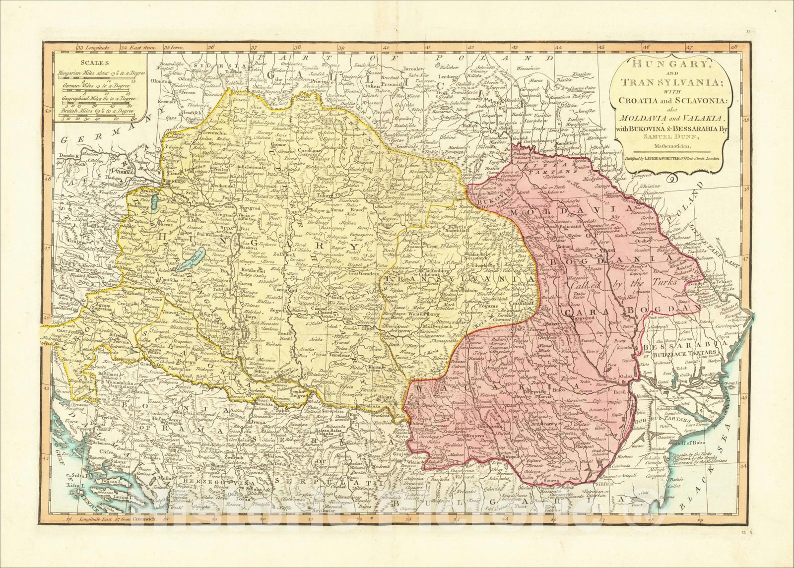 Historic Map : Hungary and Transilvania; with Croatia and Sclavonia: also Moldovia and Valakia with Bukovina & Bessarabia By Samuel Dunn, 1794, Vintage Wall Art