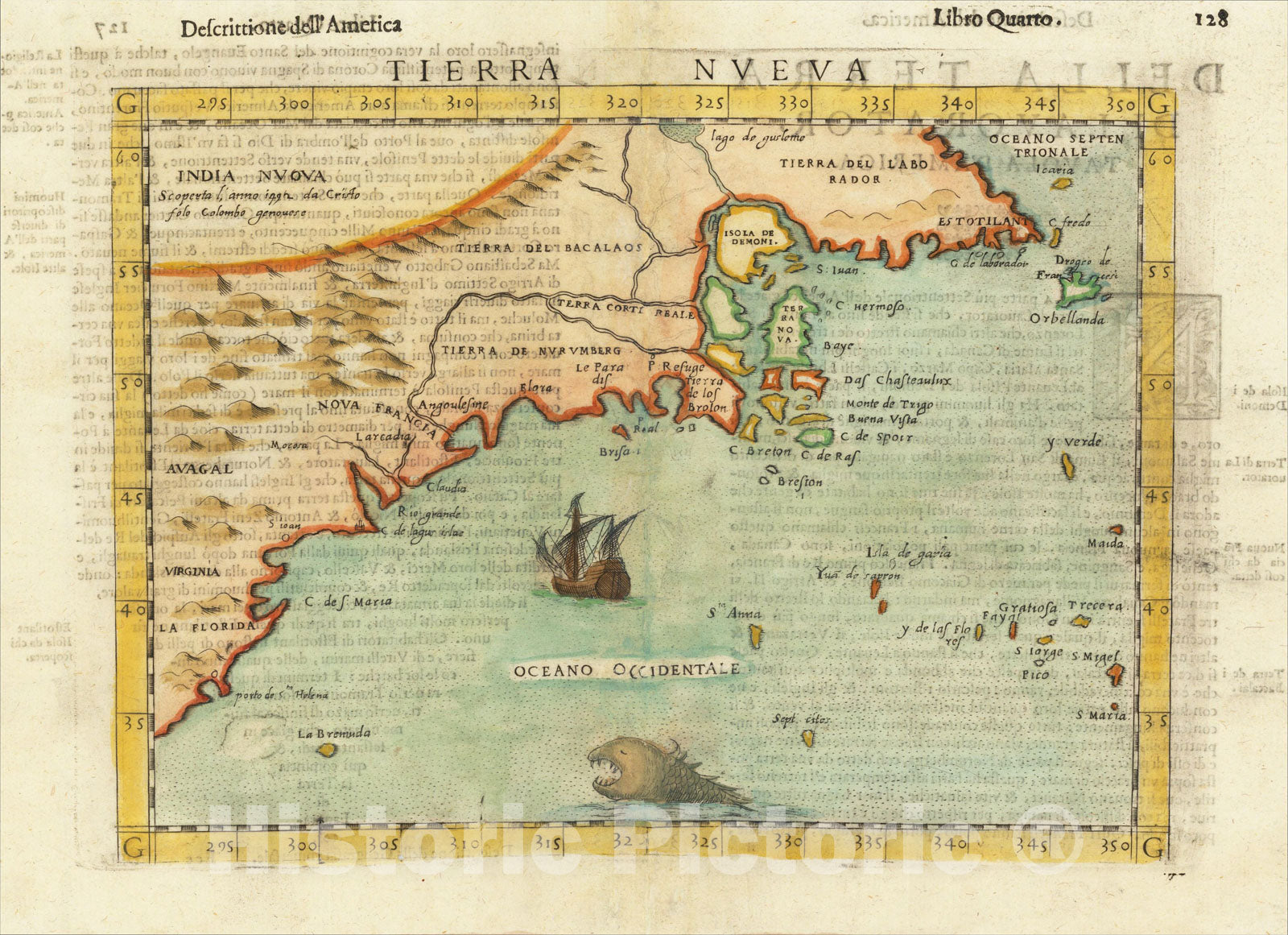 Historic Map : Tierra Nueva [New England], 1561, Girolamo Ruscelli, Vintage Wall Art