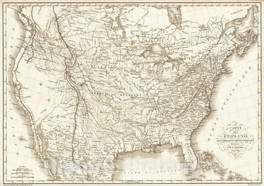 Historic Map : Carte des Etats-Unis de L'Amerique Septentrionale Dressee Par. P. Tardieu. Paris 1819, 1819, Pierre Alexandre Tardieu, v3, Vintage Wall Art