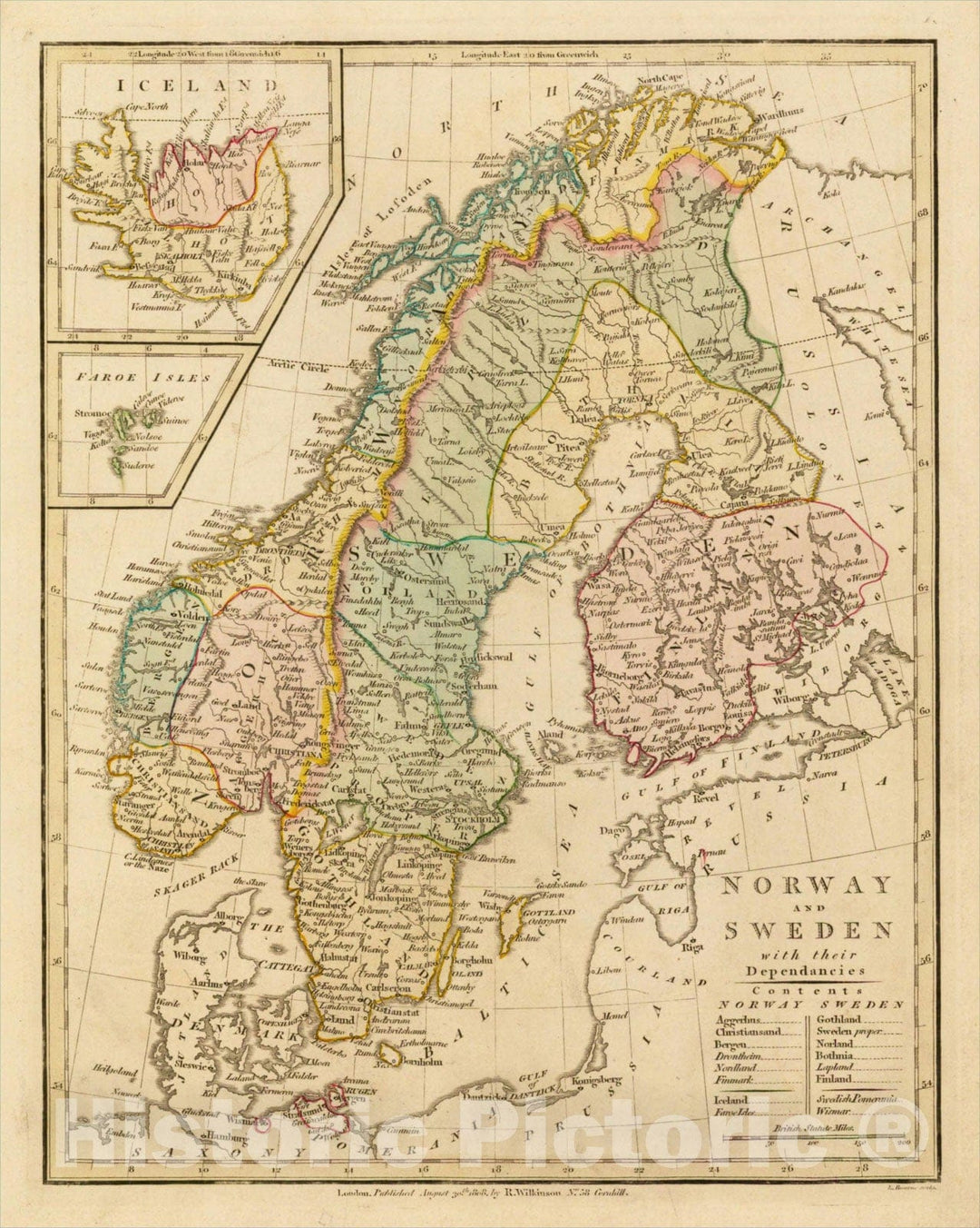 Historic Map : Norway and Sweden with their Dependancies [Inset map of Iceland], 1808, Robert Wilkinson, Vintage Wall Art