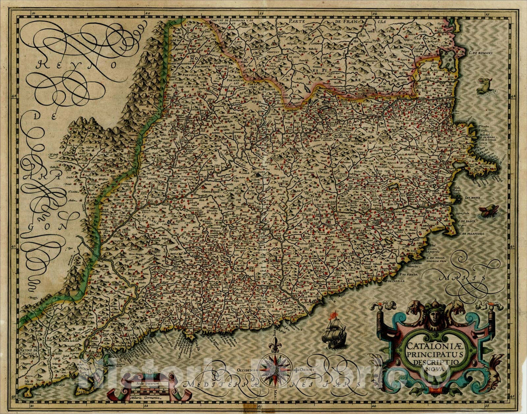 Historic Map : Cataloniae Principatus Descriptio Nova, c1606, Jodocus Hondius, Vintage Wall Art