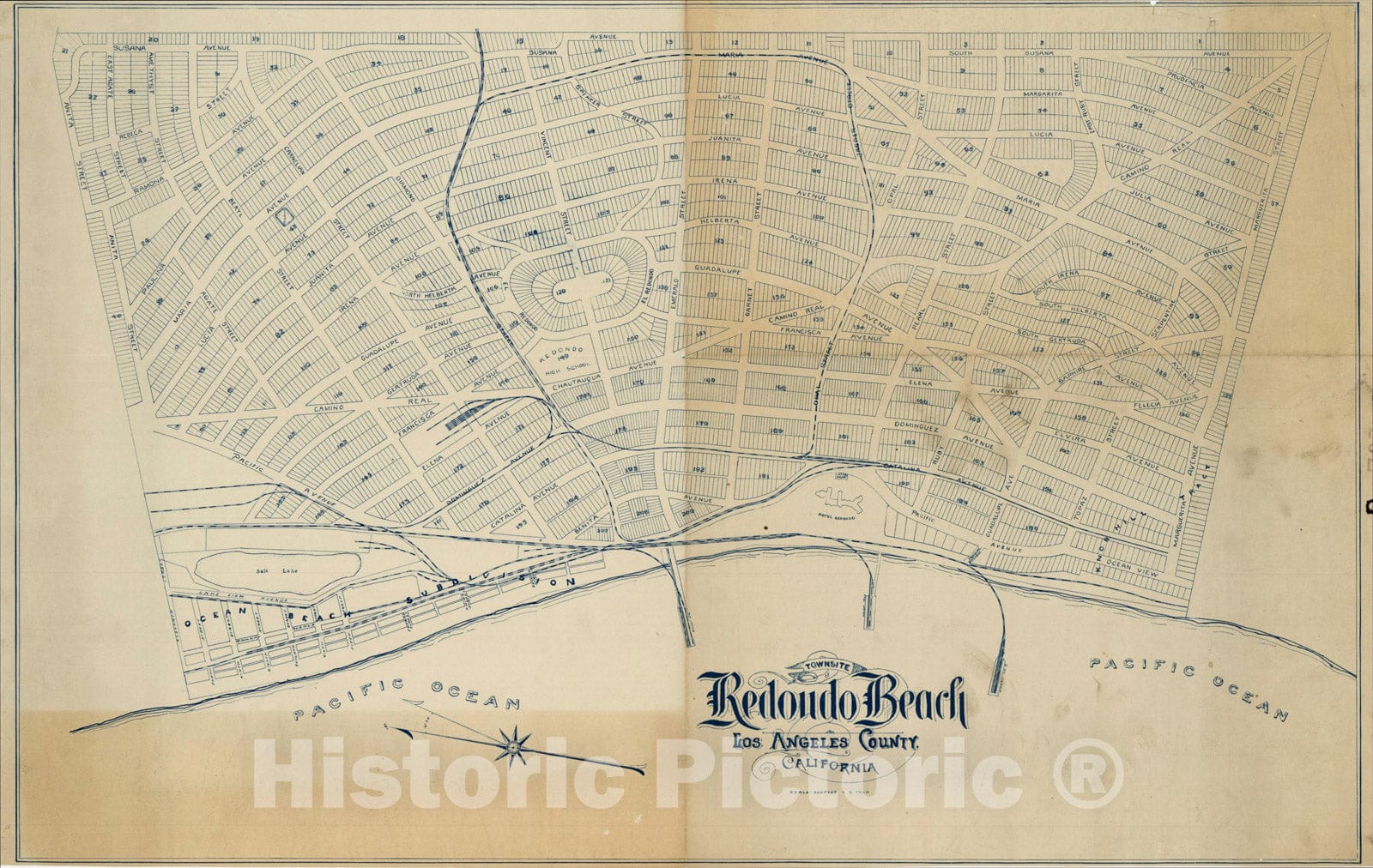 Historic Map : Townsite of Redondo Beach, Los Angeles County, California, c1895, , Vintage Wall Art