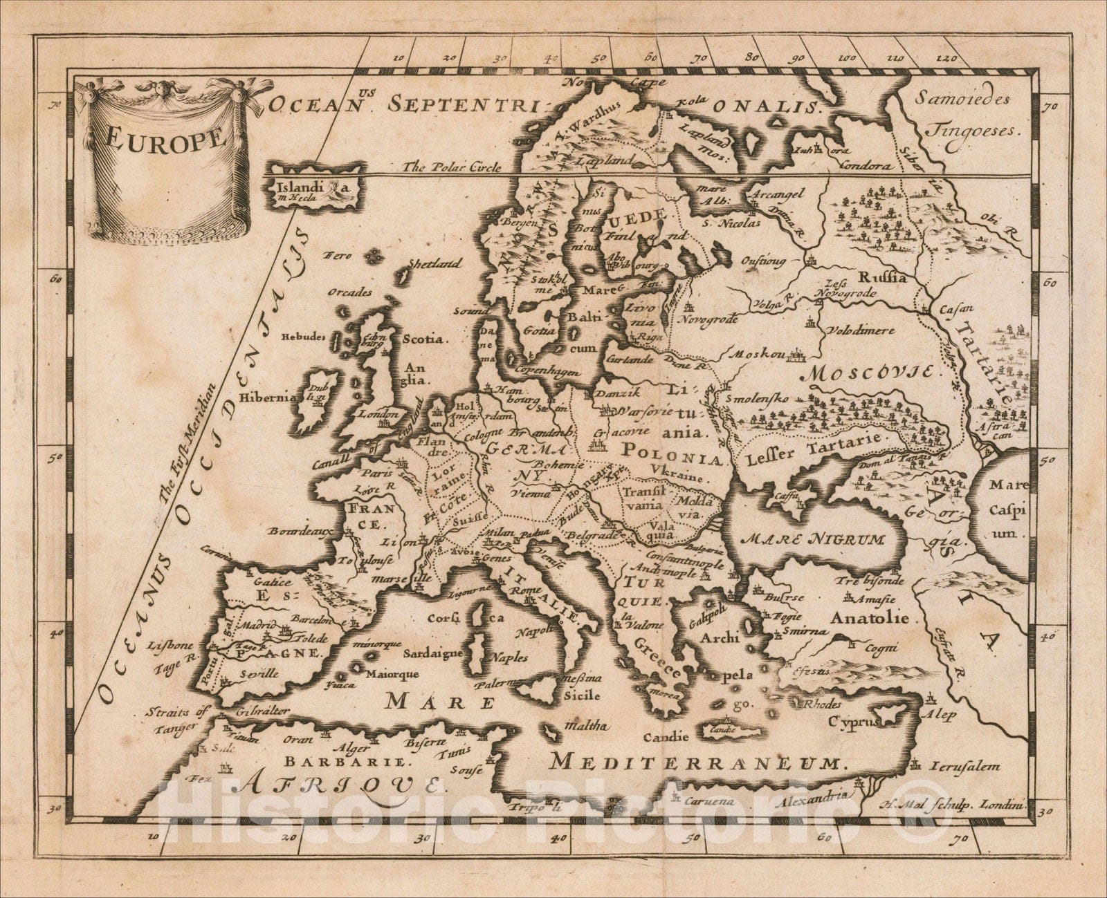 Historic Map : Europe, 1681, Sir Jonas Moore, Vintage Wall Art