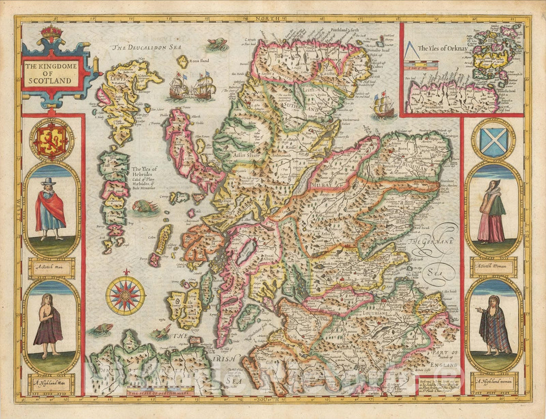 Historic Map : The Kingdome of Scotland, 1676, John Speed, Vintage Wall Art