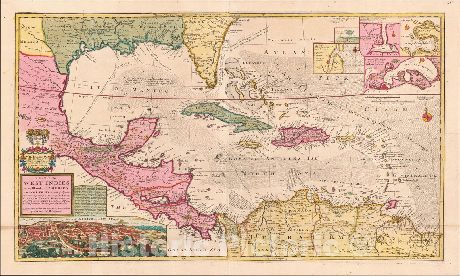 Historic Map : West-Indies with ye adjacent Countries; explaining what belongs to Spain, England, France, Holland, 1715, v1, Vintage Wall Art