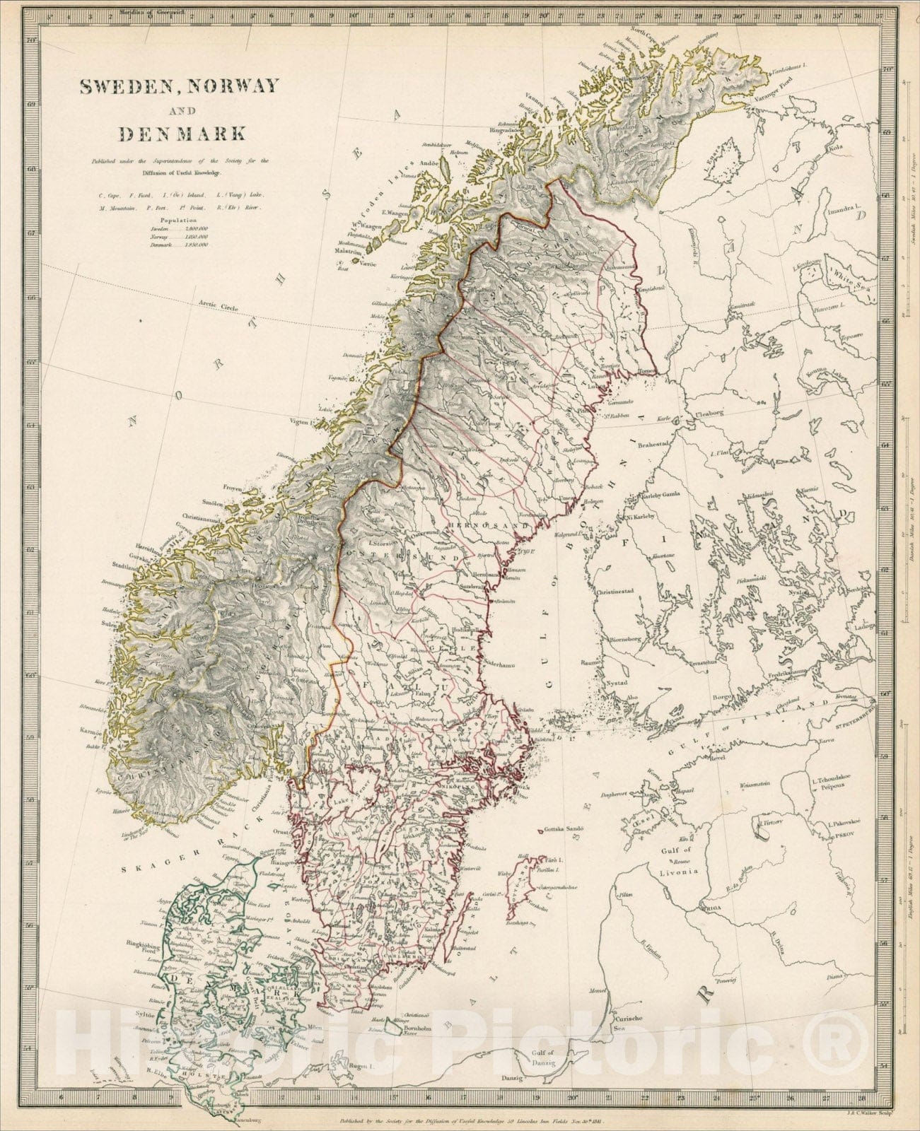 Historic Map : Sweden, Norway and Denmark, 1830, SDUK, Vintage Wall Art