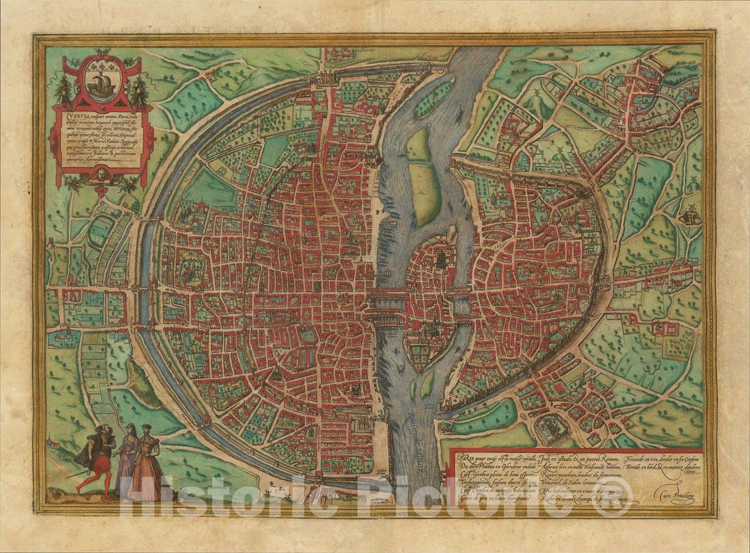 Historic Map : [Paris] Lutetia vulgari Nomine Paris, Urbs Galliae Maxima, 1572, Georg Braun, v3, Vintage Wall Art