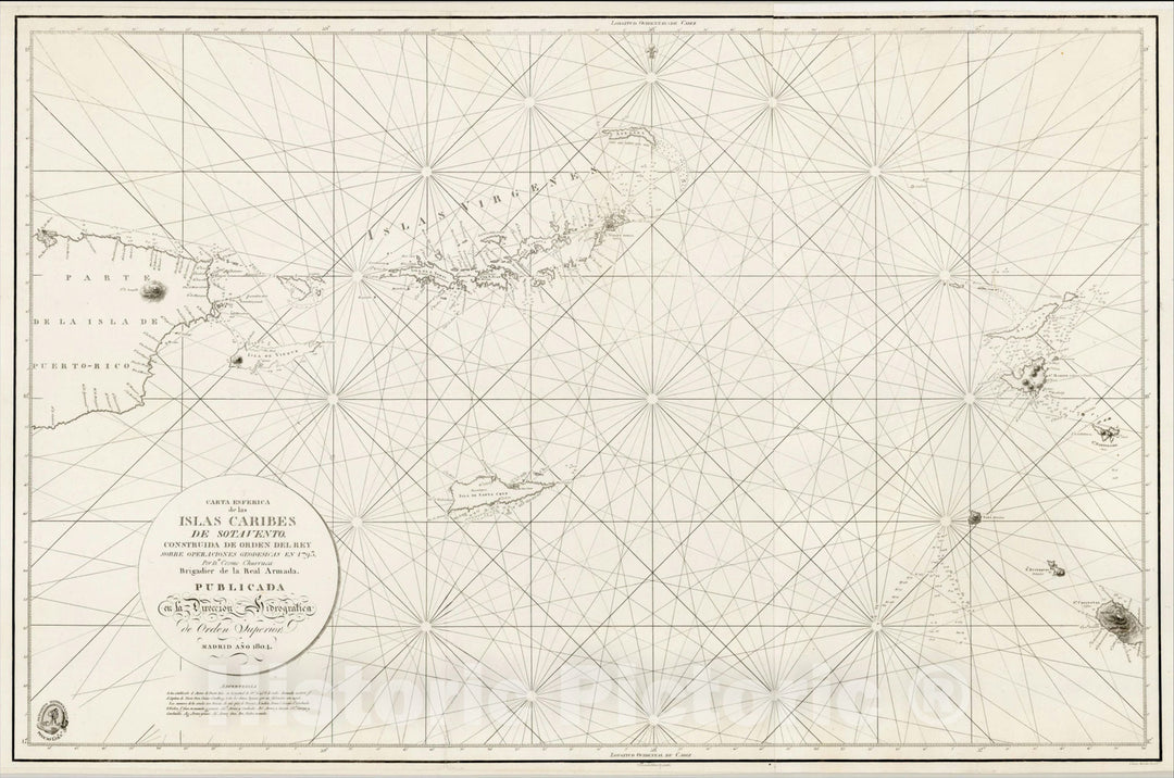 Historic Map : Virgin Islands, St. Kits, St. Barts, St. Martin, Carta Esferica de las Islas Caribes De Sotavento, 1804, Direccion Hidrografica de Madrid, Vintage Wall Art