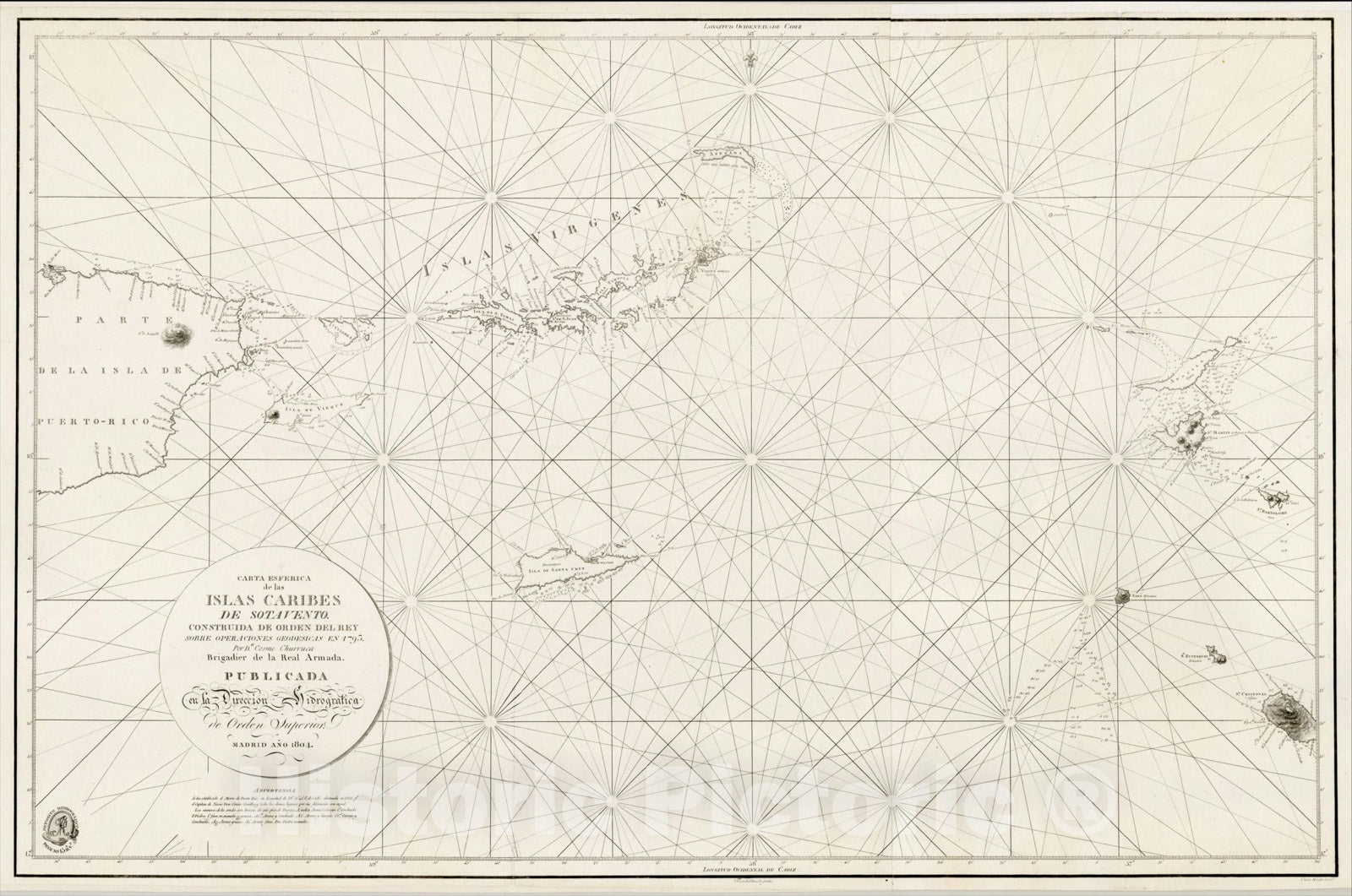 Historic Map : Virgin Islands, St. Kits, St. Barts, St. Martin, Carta Esferica de las Islas Caribes De Sotavento, 1804, Direccion Hidrografica de Madrid, Vintage Wall Art