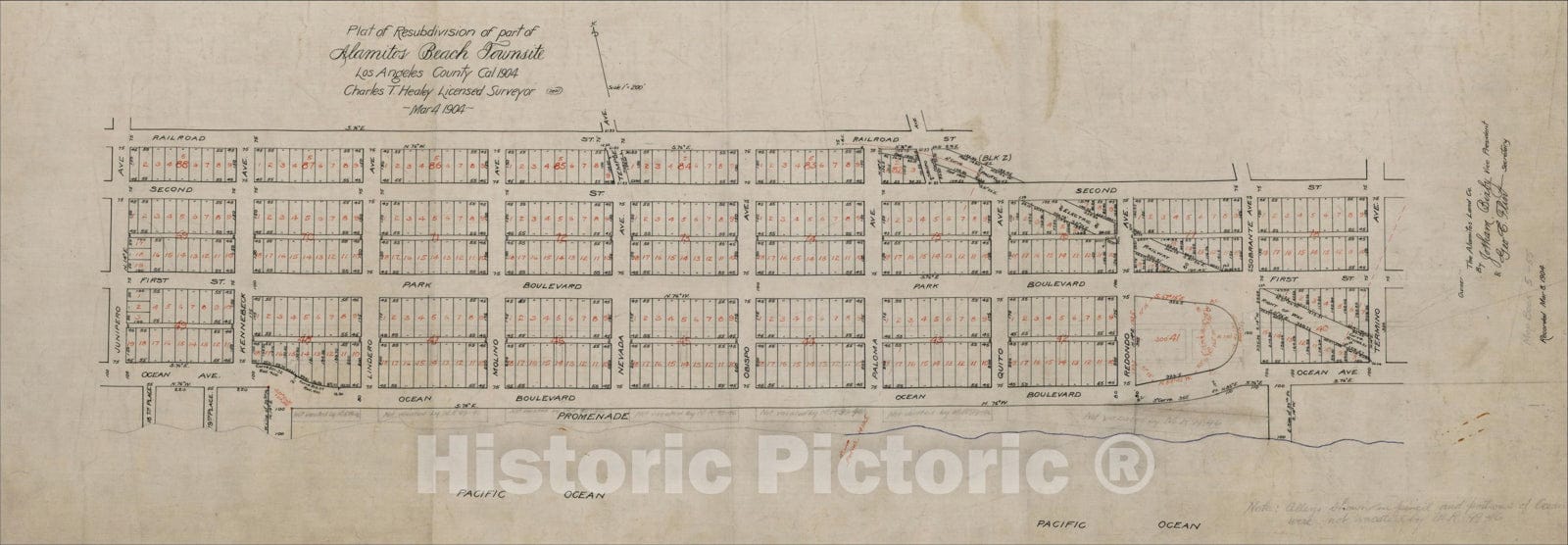 Historic Map : Plat of the Resubdivision of part of Alamitos Beach Townsite Los Angeles County, 1904, , Vintage Wall Art